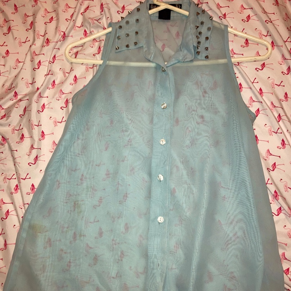 Light blue spiked collar button down blouse
